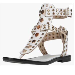 FOWT White Round Split Toe Sandal Rivet Studded Flat Gladiators Ankle Strap Shoe